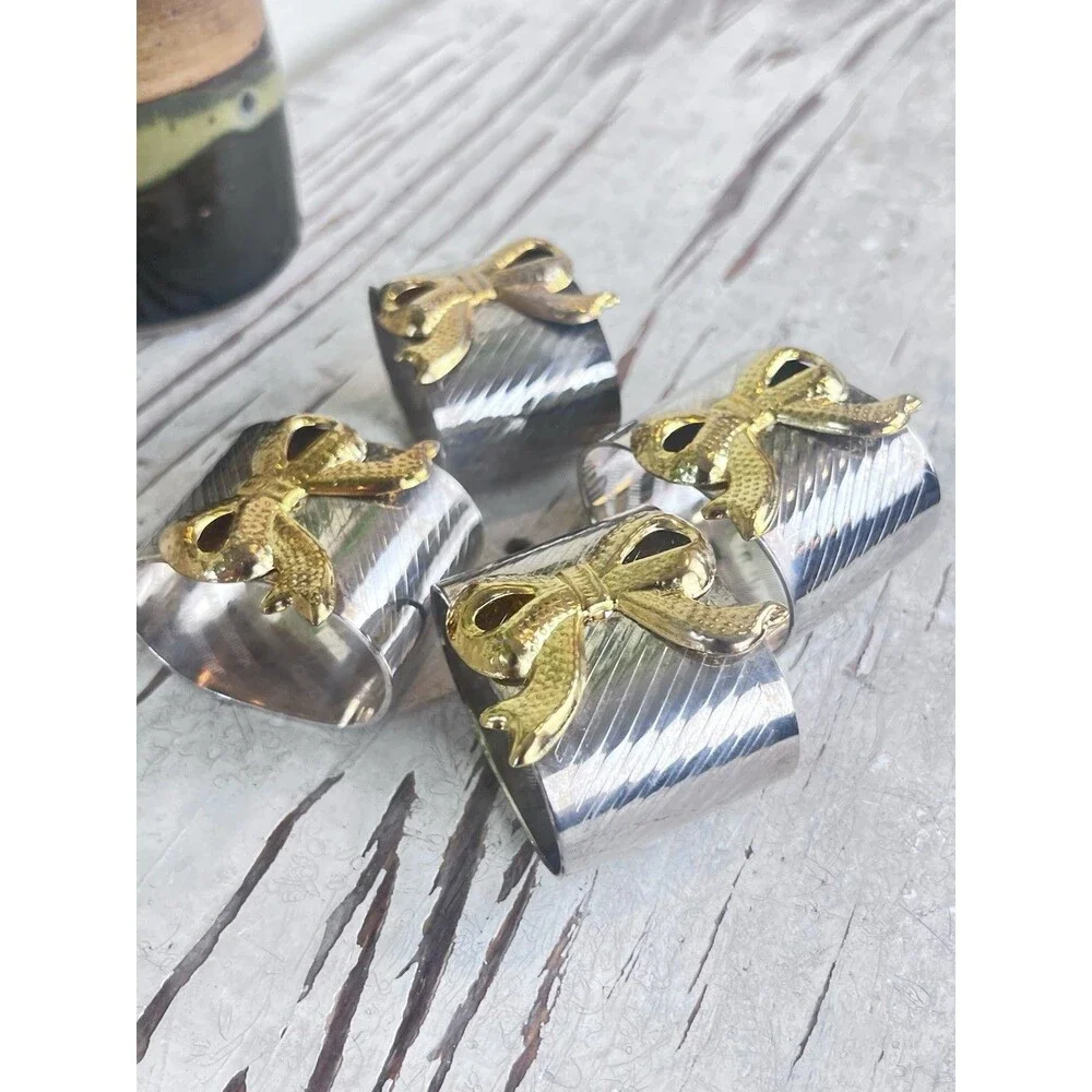 Vintage Oval Shaped Silver Plated Napkin Rings With Gold Bows Set Of 4 / Dining